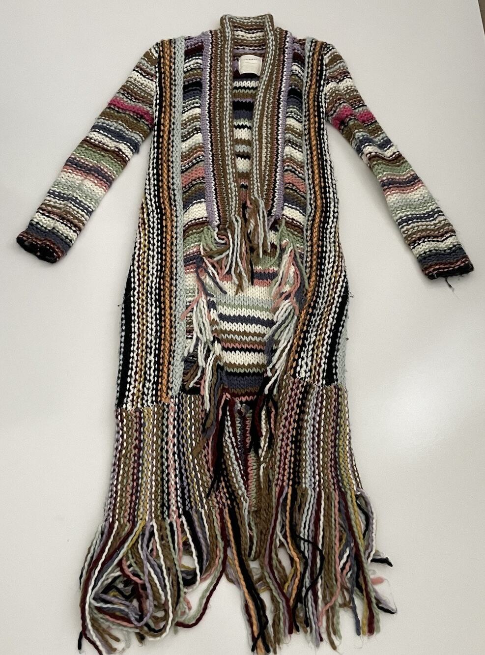 T Party Large Rare Technicolor Knit Long Duster Cardigan Fringe Bohemian Sweater